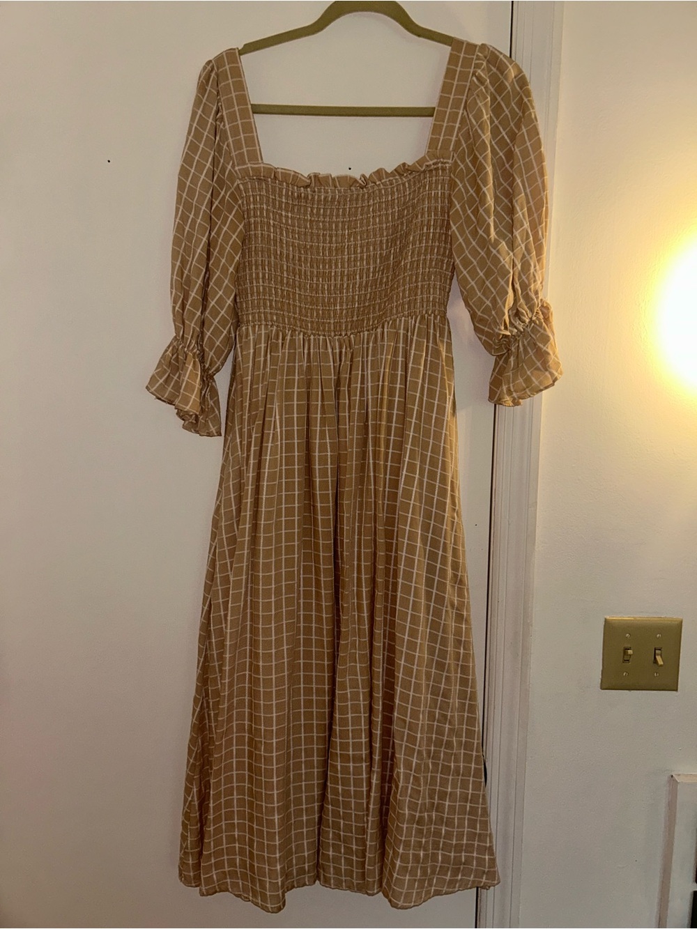 Aura Camel Plaid Smocked Midi Dress